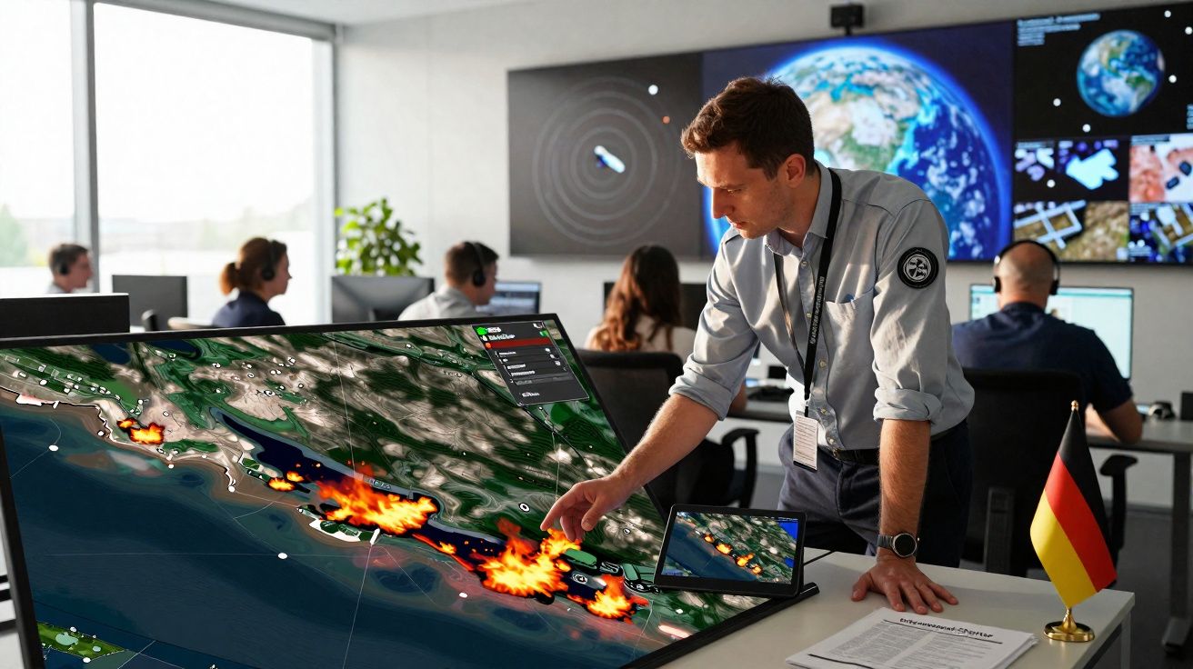Man analysing wildfire data on large digital map in command centre with team monitoring Earth on screens in background.