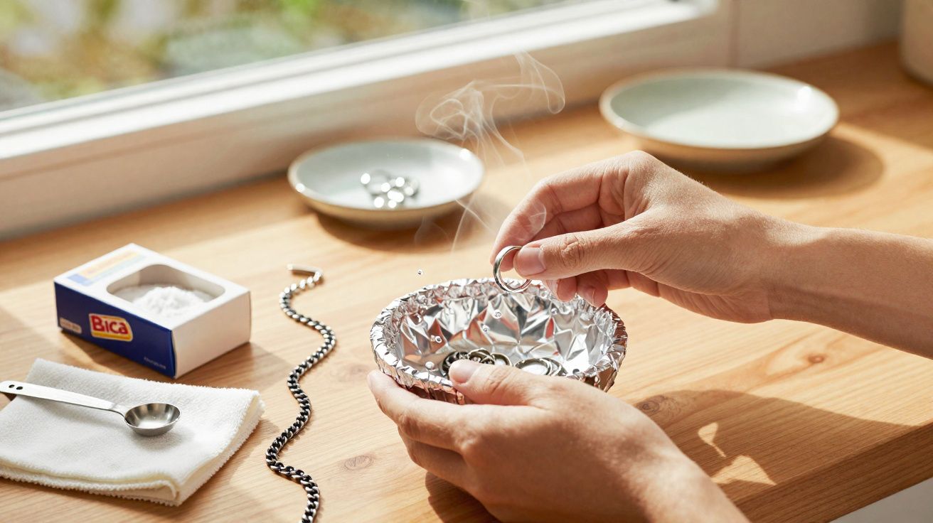 Hands holding a ring over a foil-lined dish with steam, surrounded by jewellery, salt, and a cloth on a wooden table.