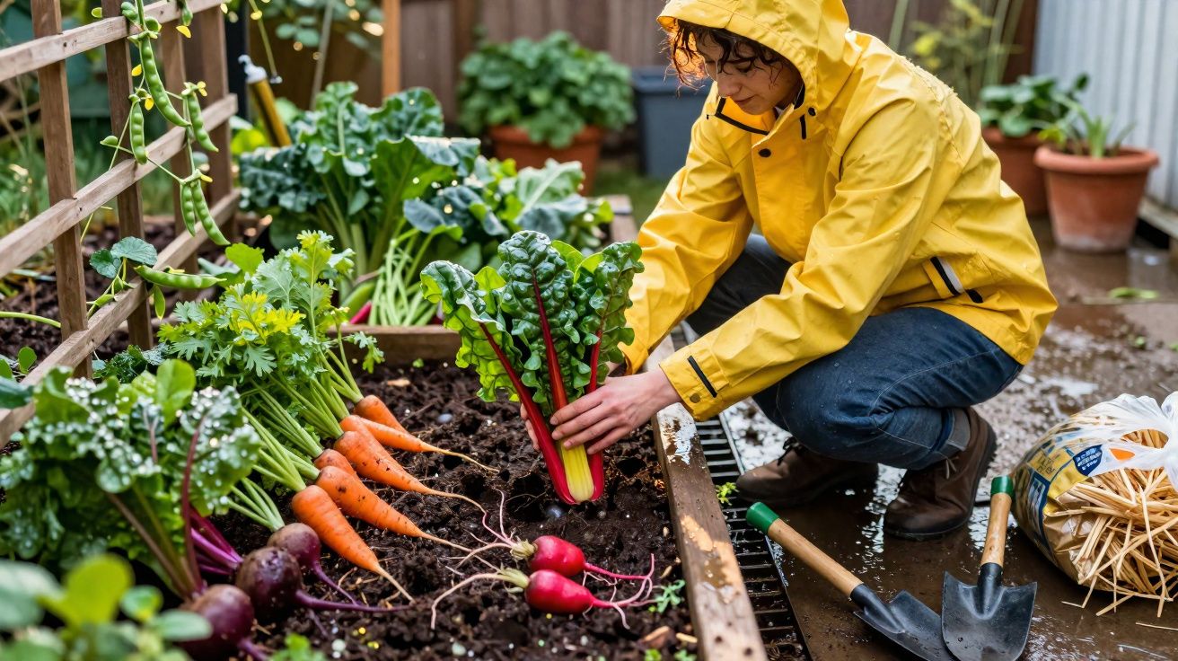 Person in yellow raincoat harvesting vegetables from a raised garden bed on a wet day