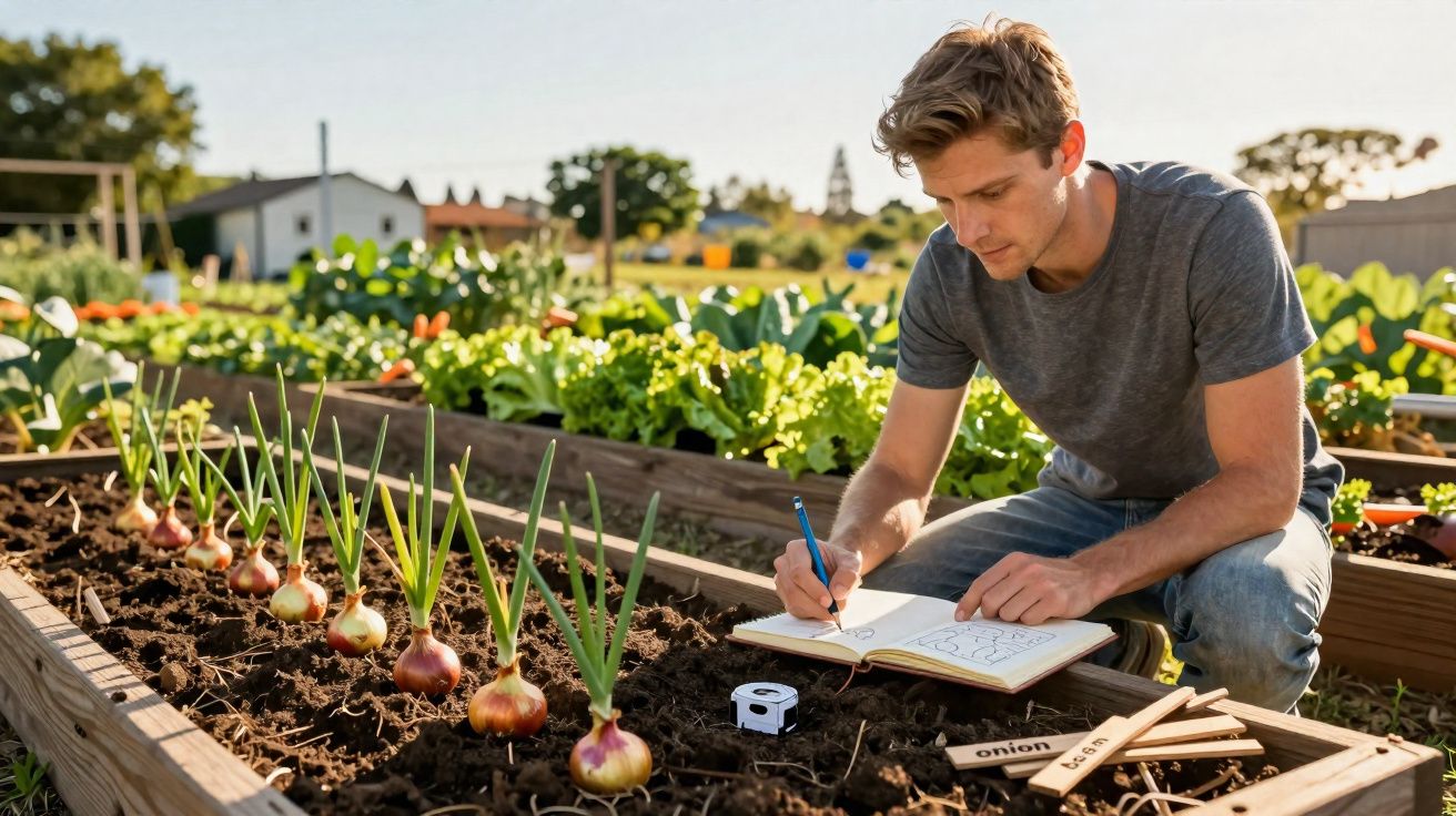 Man writing in notebook while observing onion plants growing in raised garden bed outdoors.