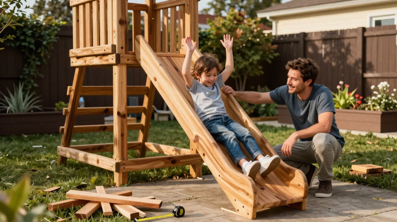Child sliding down wooden playset slide while father watches and encourages in a backyard garden.