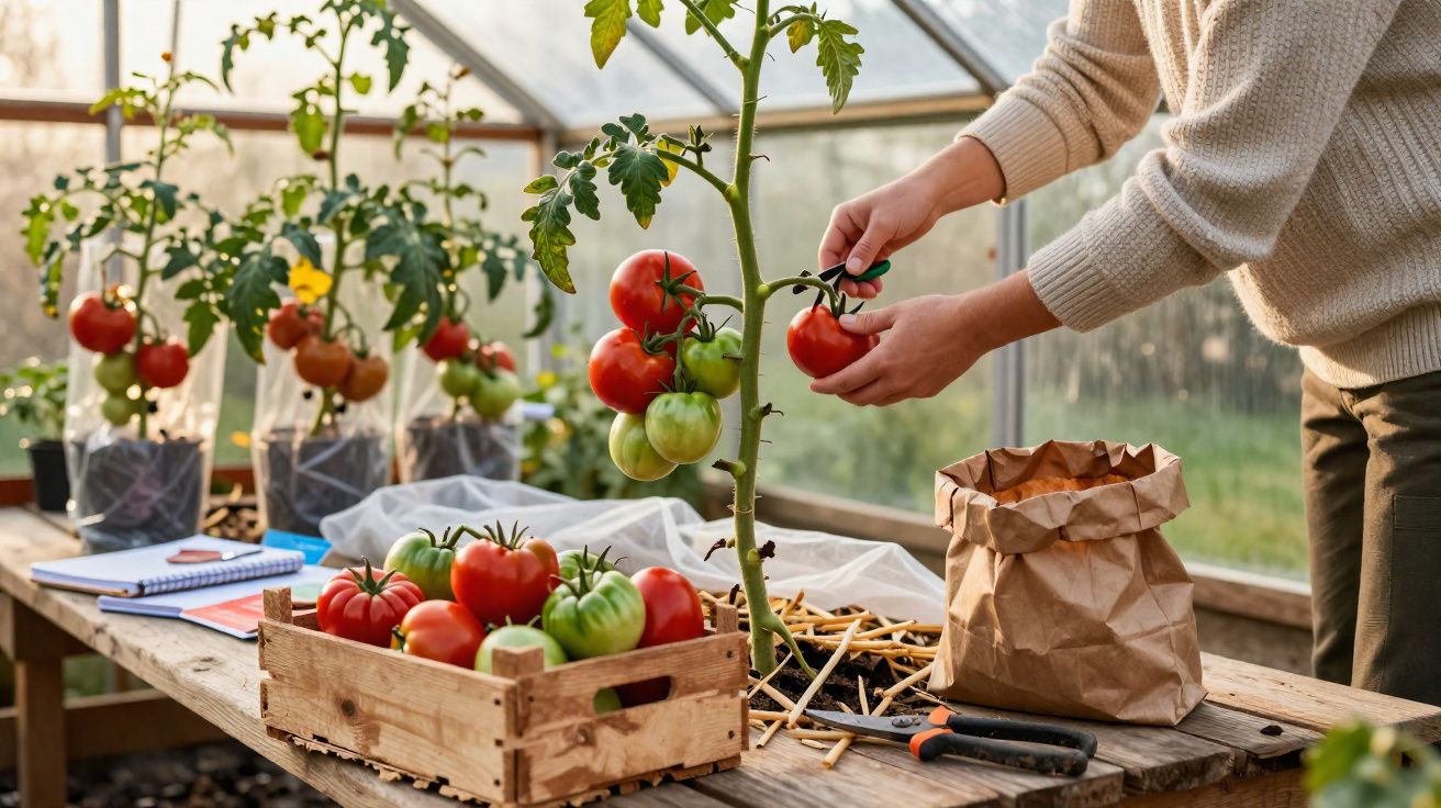 Hands harvesting ripe tomatoes from a plant inside a greenhouse with a crate of mixed tomatoes on the table.