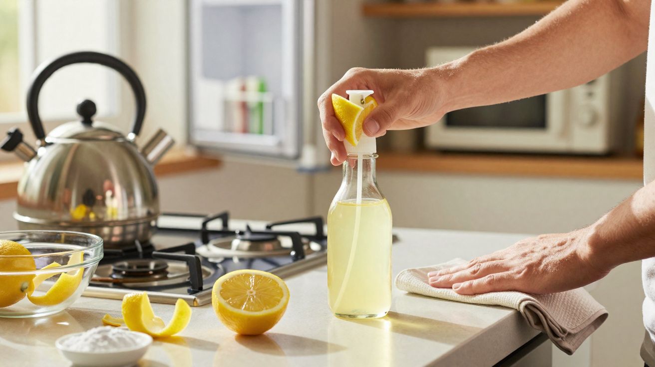 Person squeezing fresh lemon juice into a glass bottle on a kitchen countertop with lemons and cleaning cloth.