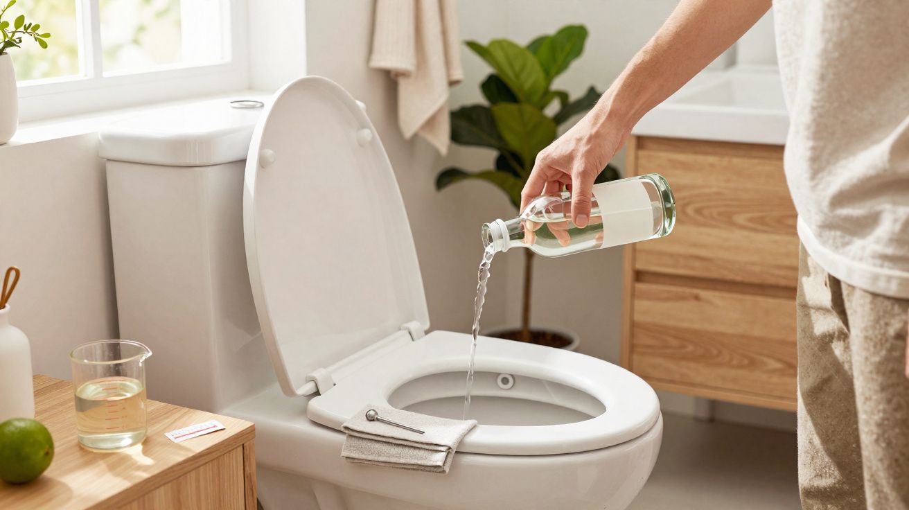 Person pouring liquid from a clear bottle into a white toilet bowl in a modern bathroom.