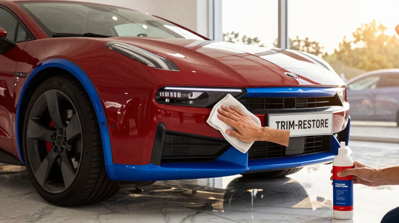 Person cleaning the front of a red car with blue trim using a cloth and trim restore product.