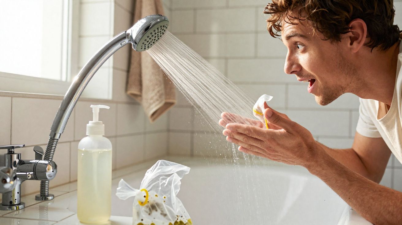 Man rinsing reusable silicone food bag under a running kitchen tap with soap dispenser nearby