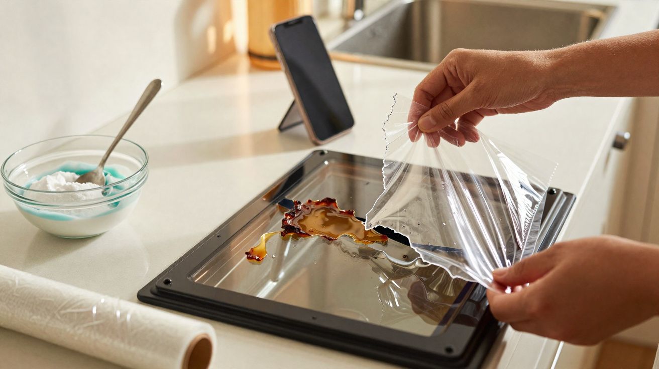 Hands peeling off a clear protective film from a glass oven door with a spilled brown liquid on it.