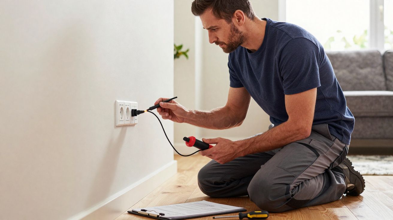 Man kneeling on floor testing electrical socket with a multimeter in a living room.