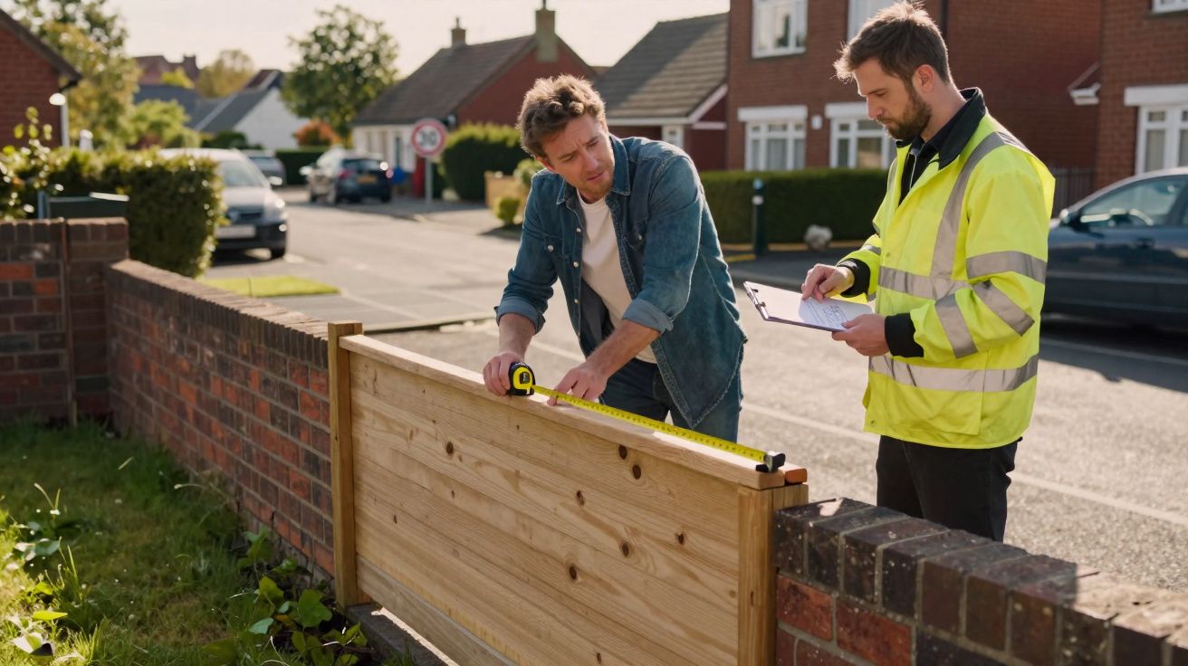 Two men measuring and inspecting a wooden fence panel on a suburban street.