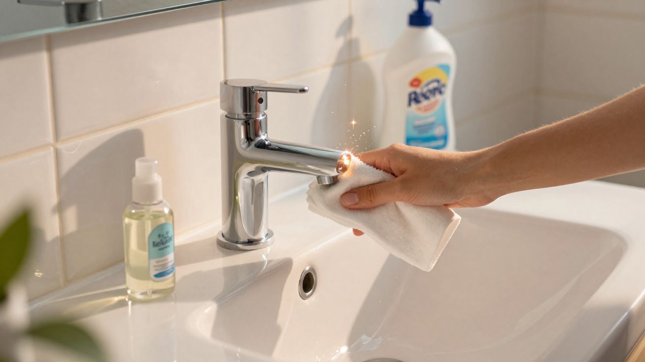 Hand wiping clean a shiny chrome tap with a white cloth over a white bathroom sink.