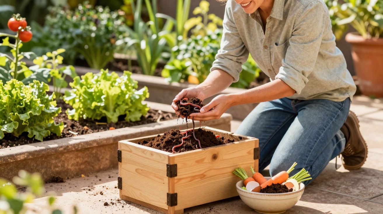 Person kneeling and handling soil with earthworms next to a wooden planter box and a bowl of carrots and eggshells.