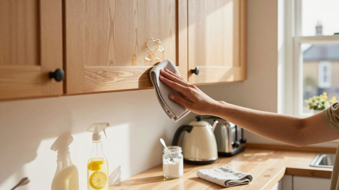 Hand wiping liquid spill from wooden kitchen cupboard with cloth in a bright, tidy kitchen.