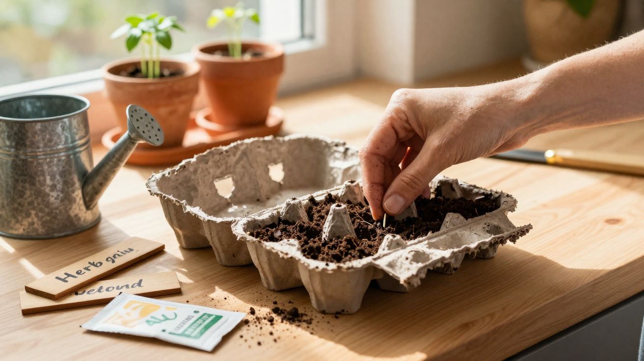 Hand planting seeds in soil-filled egg carton on wooden table by window with watering can and plant pots nearby.