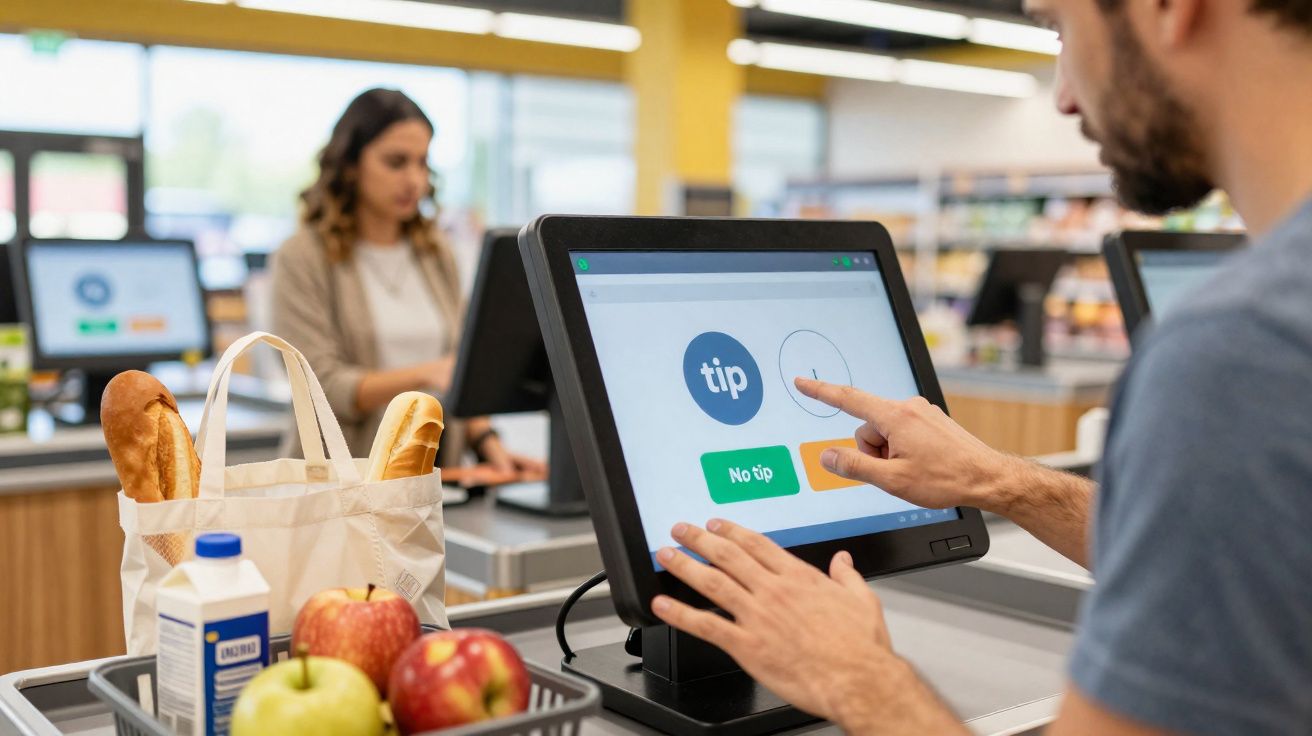 Customer selecting tip option on touchscreen at supermarket self-checkout with groceries in basket including bread and fruit.