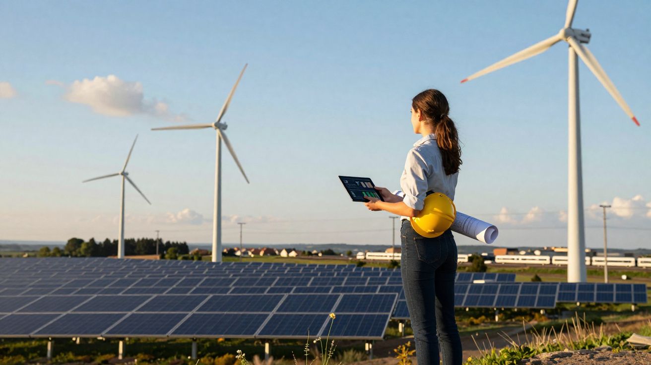 Woman holding tablet and blueprint overlooking solar panels and wind turbines in a renewable energy farm.