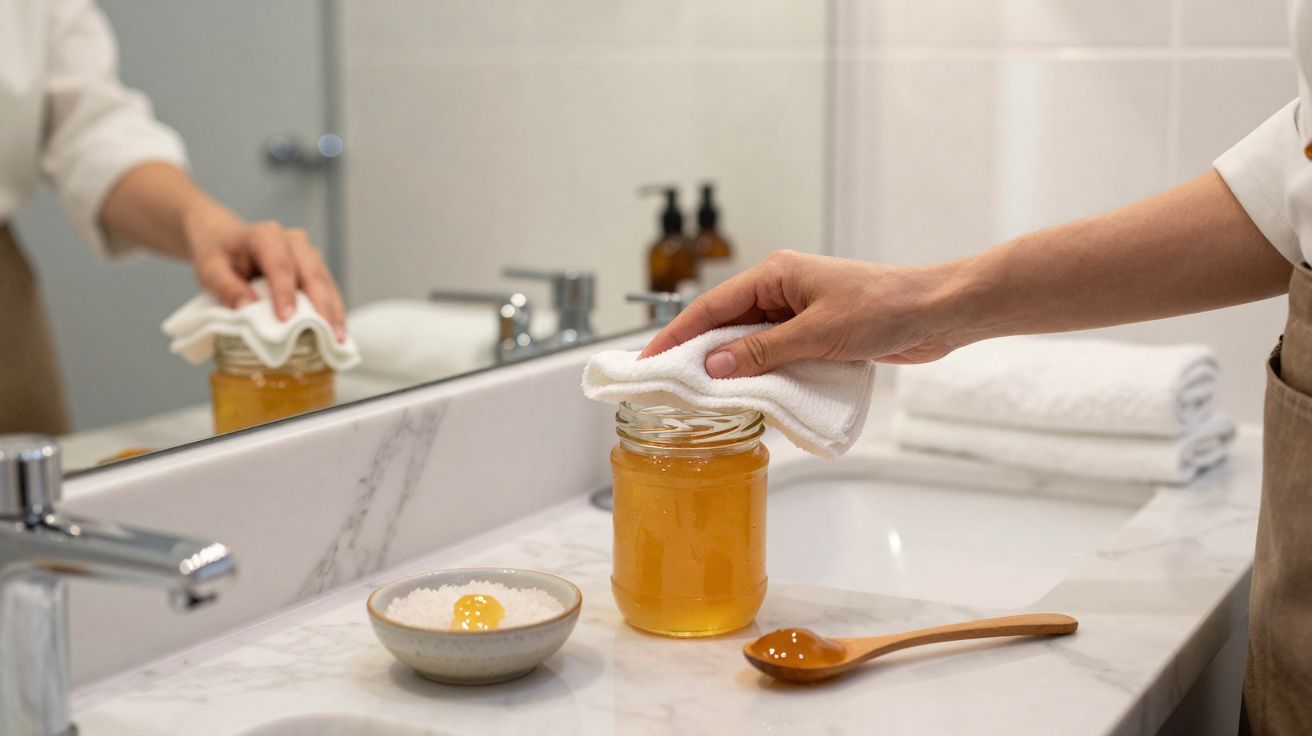 Person wiping the rim of a honey jar on a bathroom counter with a white cloth.