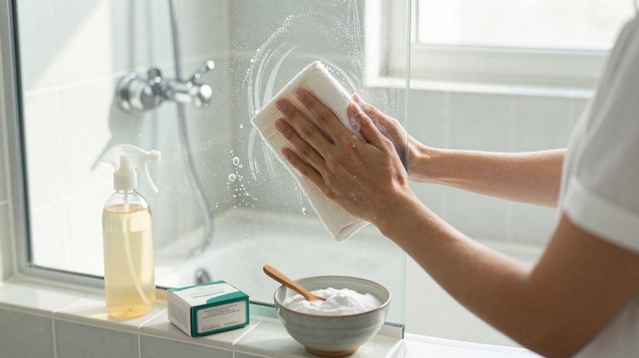 Person cleaning a bathroom mirror with a cloth, spray bottle, and cleaning powder on the tiled surface.