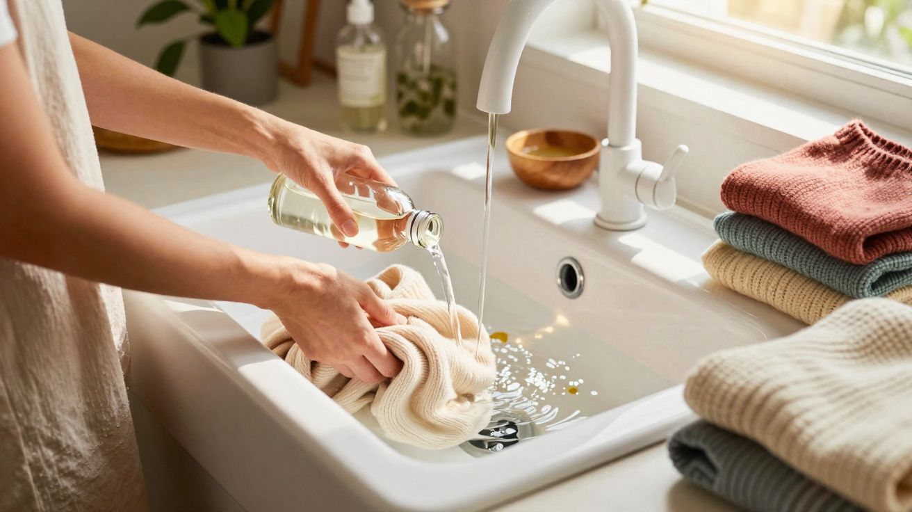 Person pouring liquid into a sink while soaking a beige knitted garment with folded clothes nearby.