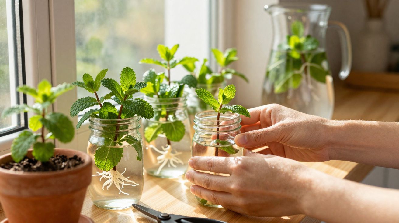 Hands holding a jar with mint cuttings and roots growing in water on a sunlit windowsill.