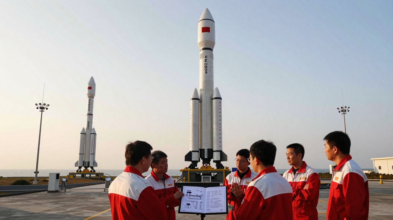 Group of people in red and white uniforms discussing rocket plans near two large rockets on launch pads at dusk.