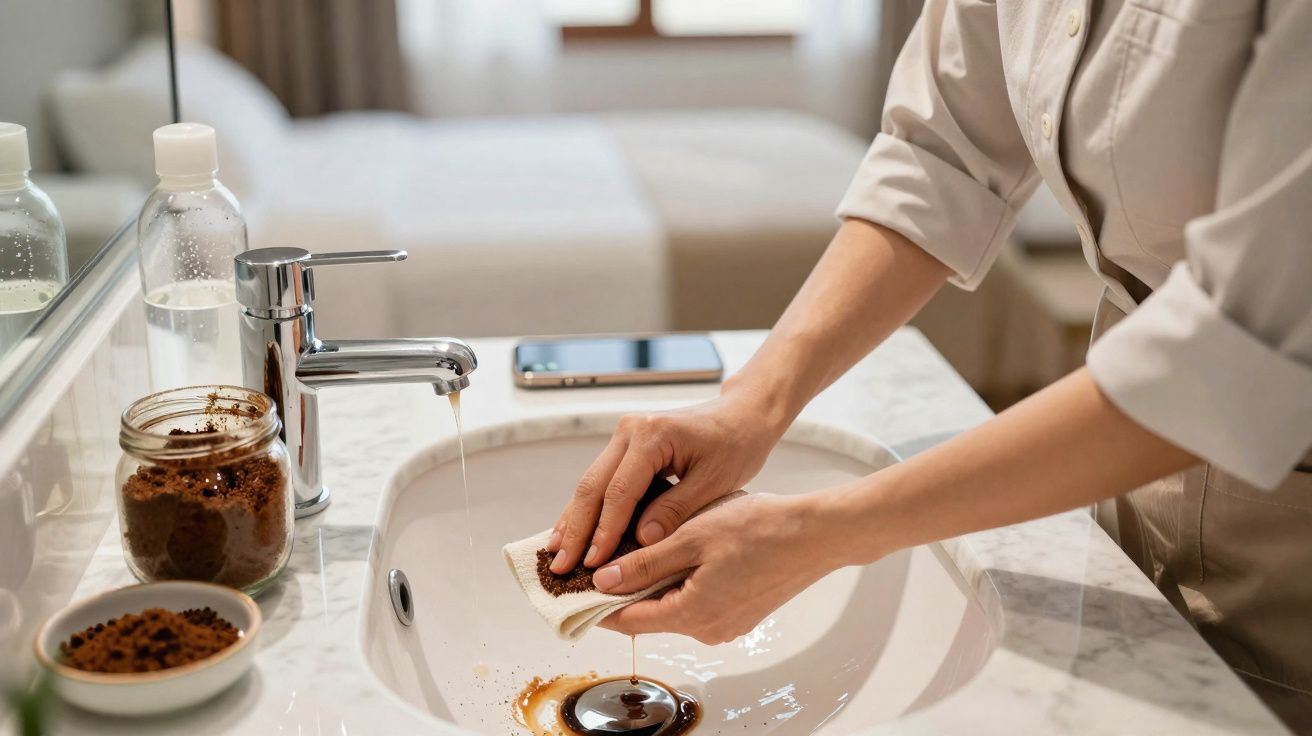 Person rinsing a cloth with coffee grounds over a bathroom sink with running water and toiletry bottles nearby.