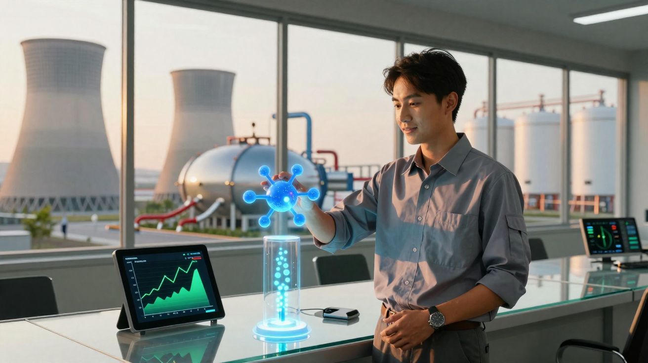 Scientist in lab holding a glowing virus model with industrial cooling towers and equipment in the background.