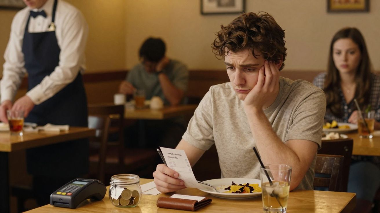 Young man looking worried while checking a bill in a restaurant with a jar of coins nearby.