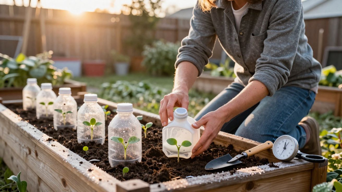Person placing plastic bottles over young plants in a raised garden bed at sunset.