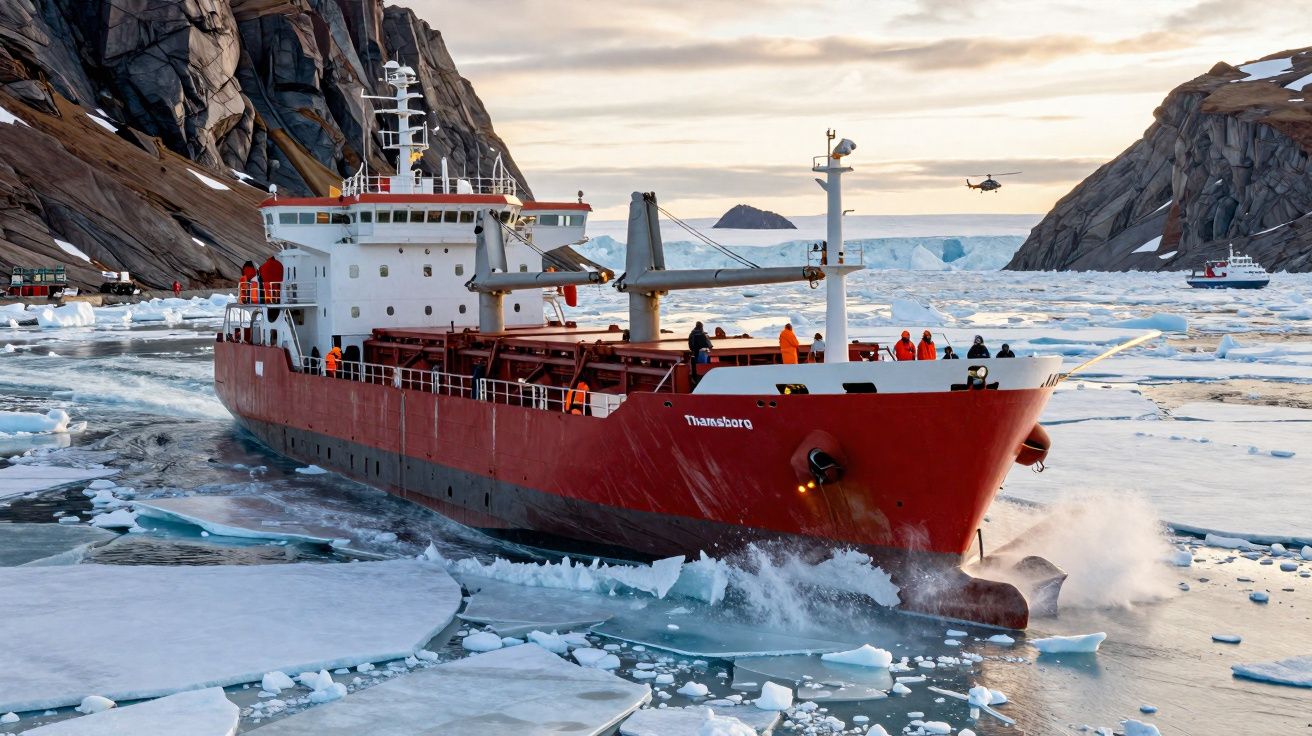 Red icebreaker ship navigating icy waters between steep rocky cliffs with a helicopter and another vessel in distance.