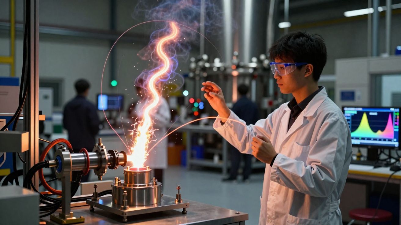 Scientist in lab coat and goggles observing a glowing plasma arc in a laboratory setting.