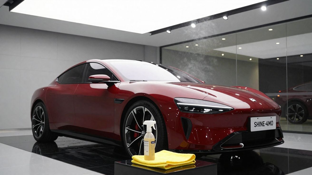 Sleek red electric sports car displayed indoors with cleaning spray and yellow cloth on a black pedestal nearby.