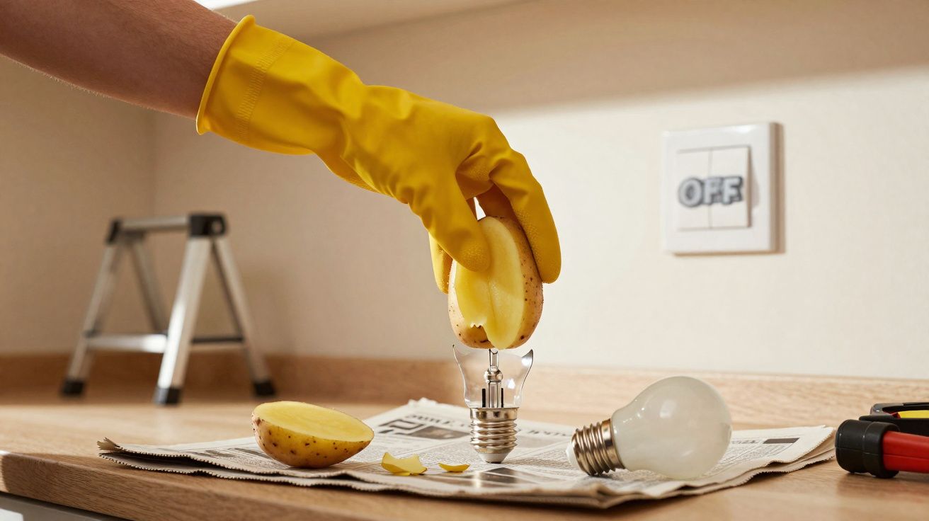 Hand in yellow glove squeezing a potato half onto a light bulb on a countertop with tools and a switch labelled OFF nearby.