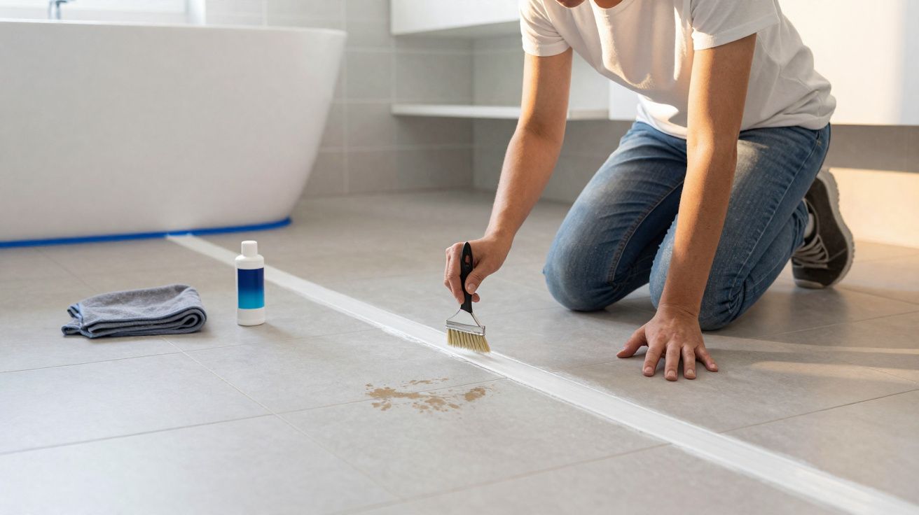 Person applying grout cleaner with brush on bathroom tiles near bathtub and cleaning supplies.