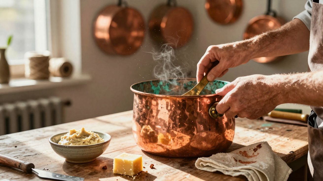 Person stirring steaming food in a copper pot on a wooden table with cheese and a bowl nearby.