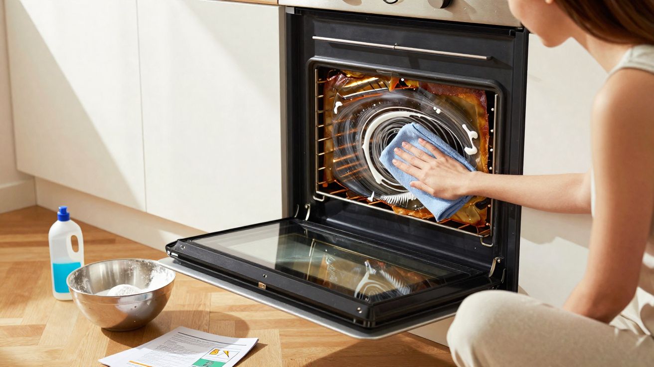 Person cleaning inside of an open oven with a blue cloth in a modern kitchen.