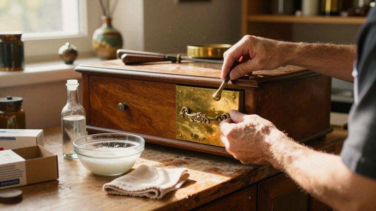 Hands polishing a brass plate on a vintage wooden drawer unit on a sunlit workbench.
