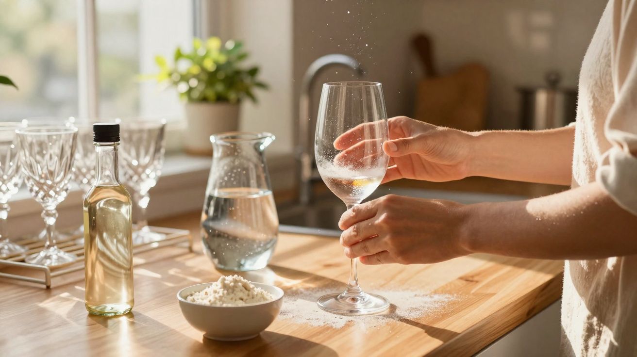 Hands dusting a wine glass on a sunlit wooden kitchen counter with flour, a jug of water, and a bottle nearby.