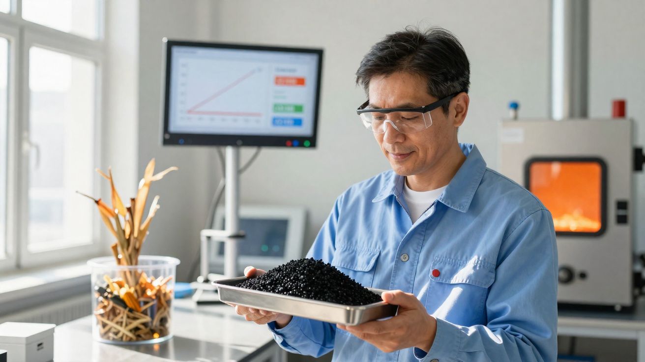 Scientist wearing protective glasses holding a tray of black granules in a laboratory setting.
