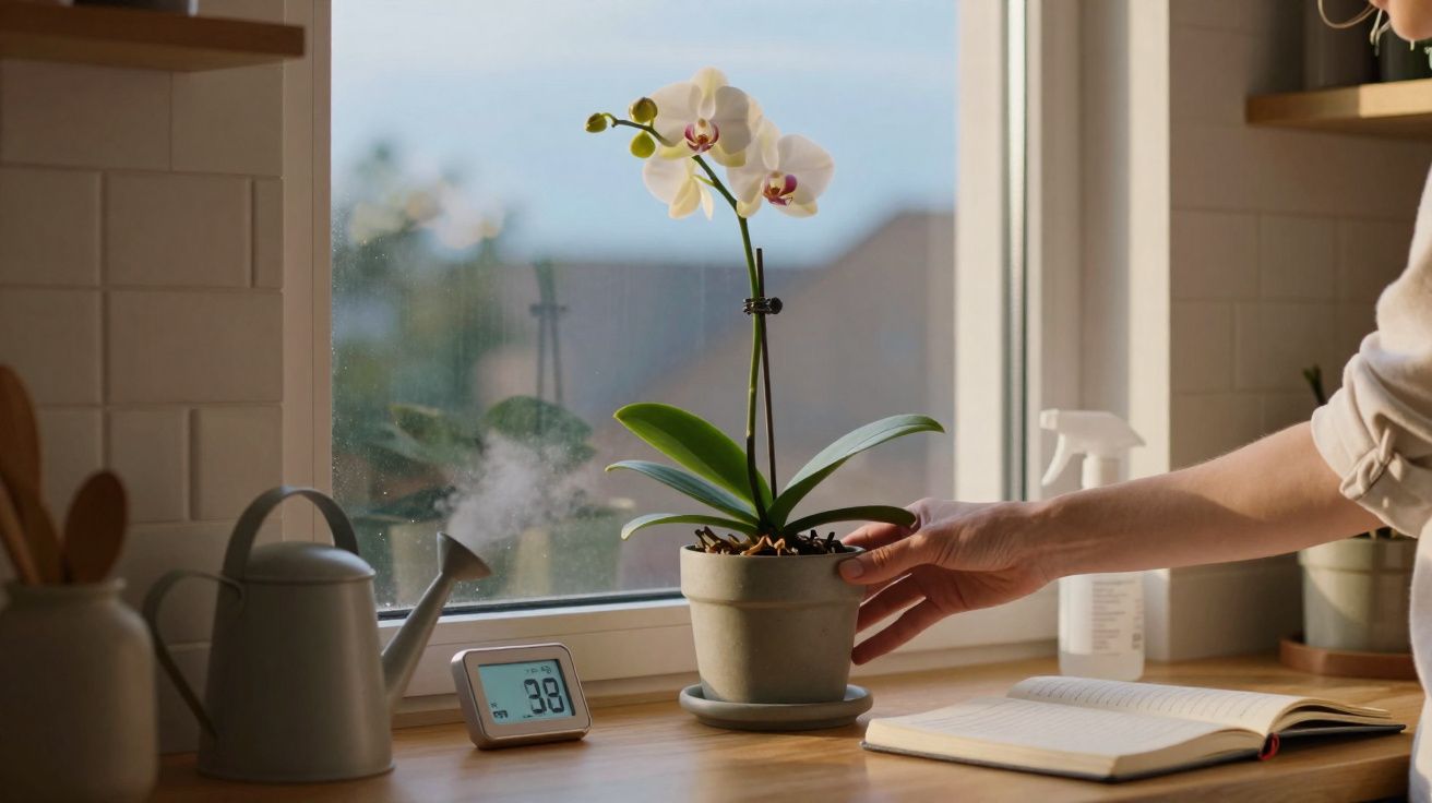 Hand reaching to touch a white orchid plant on a windowsill with a watering can, digital clock, and open book nearby.