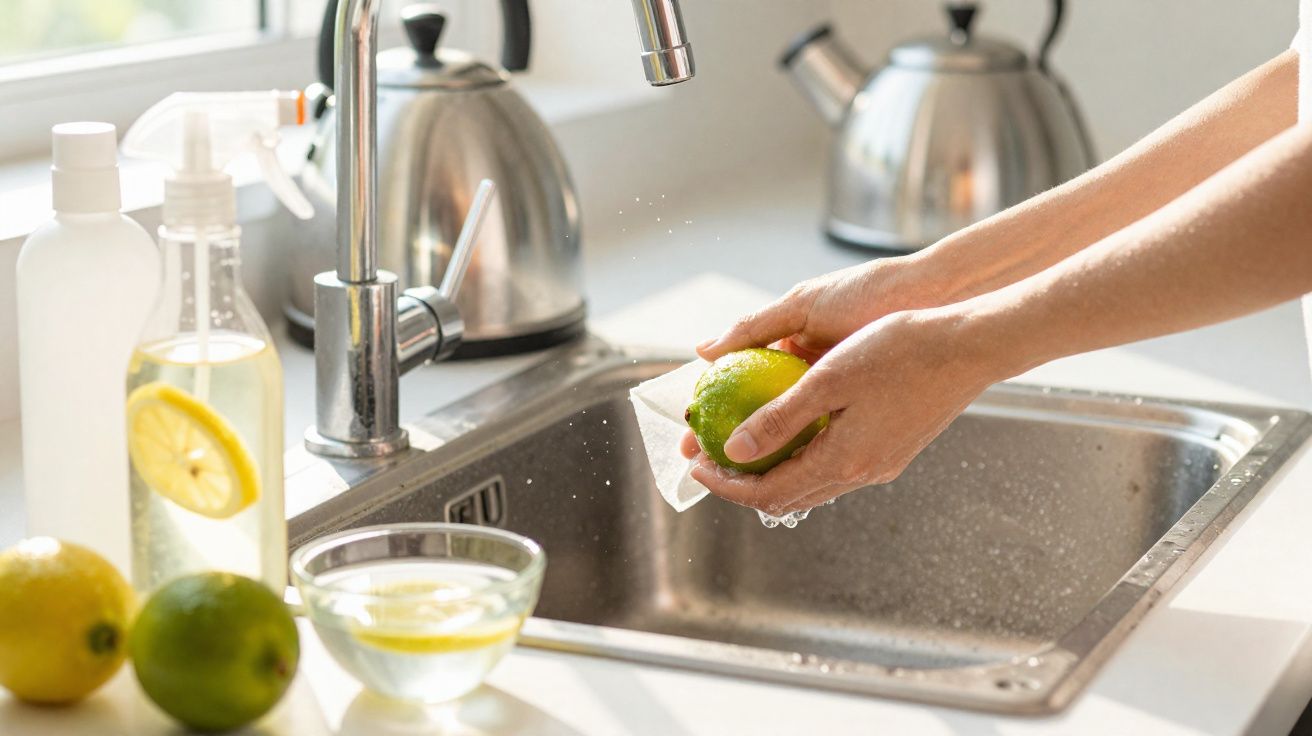 Person washing a lime under running water over a kitchen sink with lemons and cleaning bottles nearby.