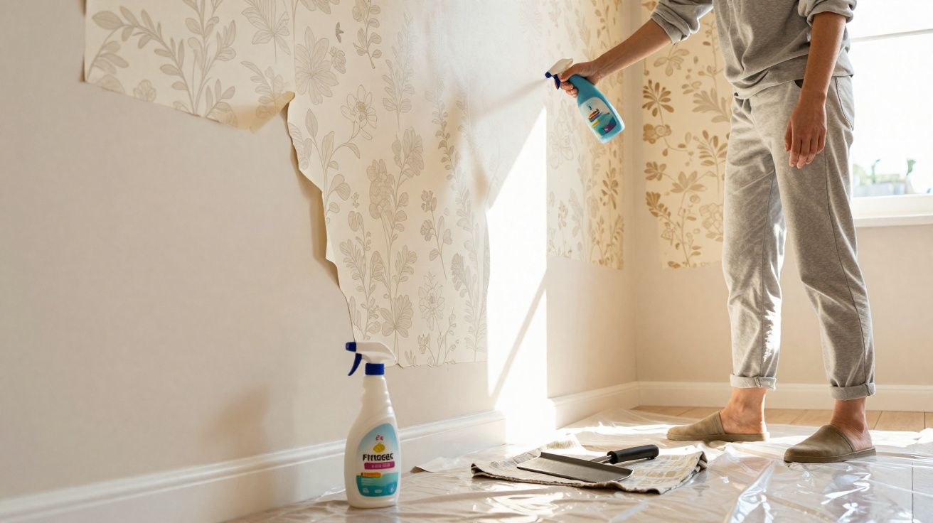Person peeling floral wallpaper off a wall using a spray bottle in a sunlit room.