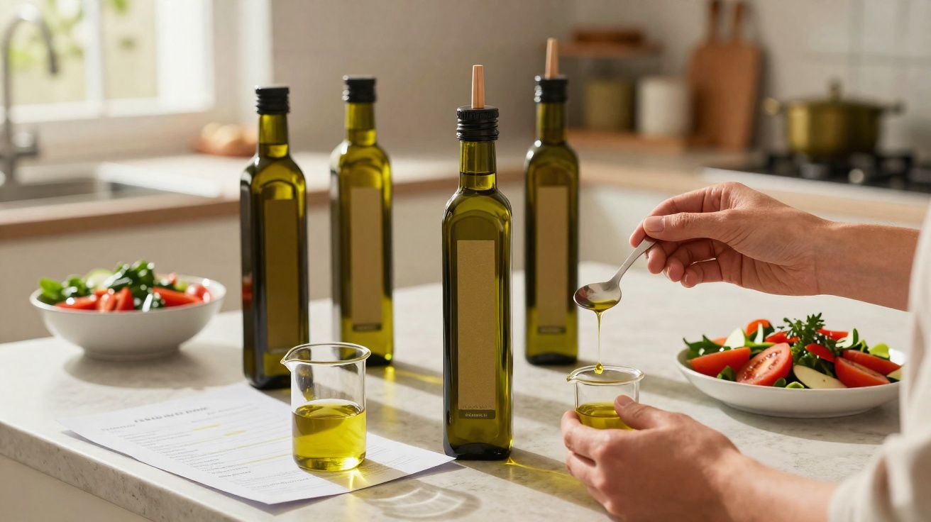Person tasting olive oil with spoon, surrounded by four olive oil bottles and bowls of fresh salad on kitchen counter.