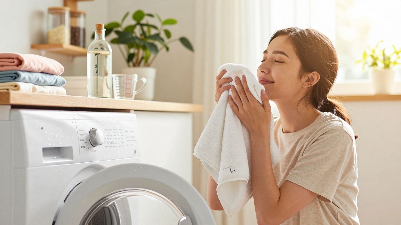 Woman enjoying the scent of a freshly washed towel next to a front-loading washing machine in a bright laundry room.