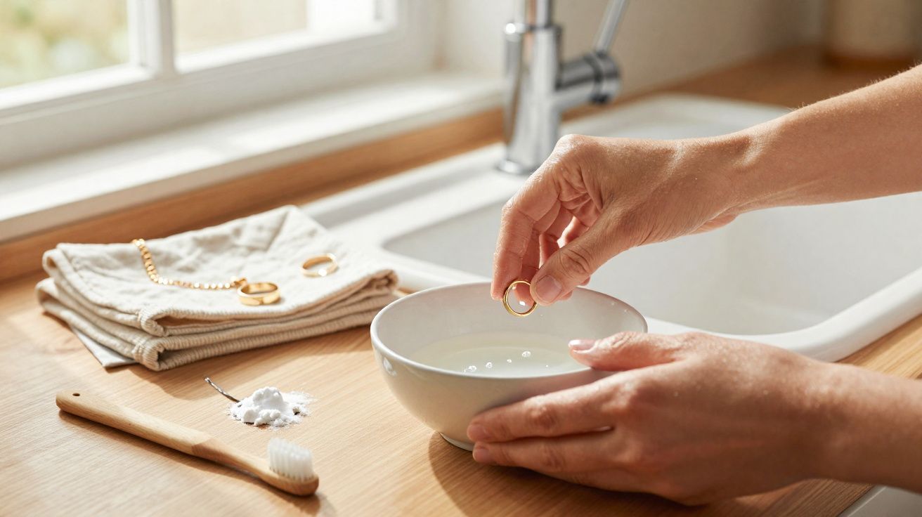Hands soaking a gold ring in a bowl of water on a wooden countertop near a sink with cleaning items.
