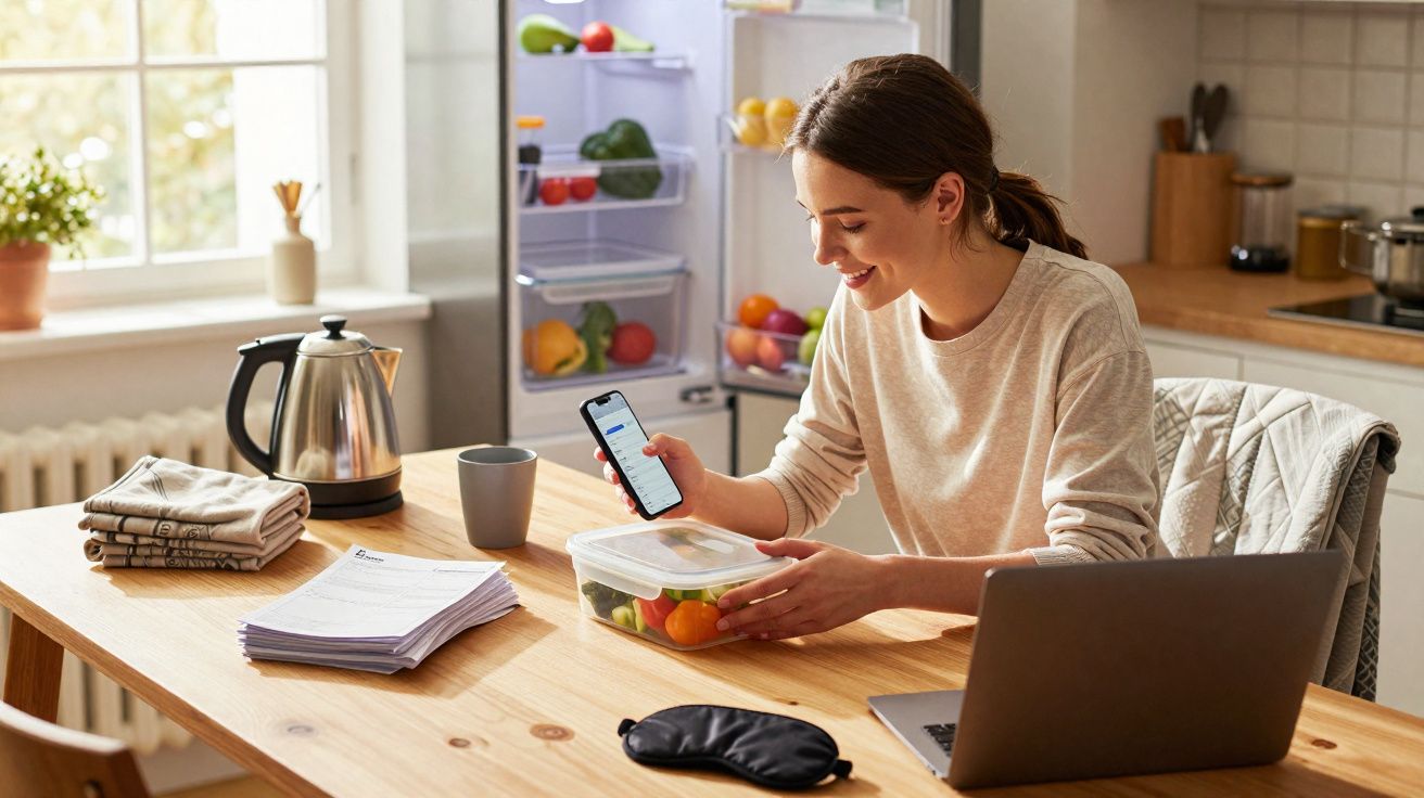 Young woman smiling using smartphone while sitting at table with laptop and food container in bright kitchen.