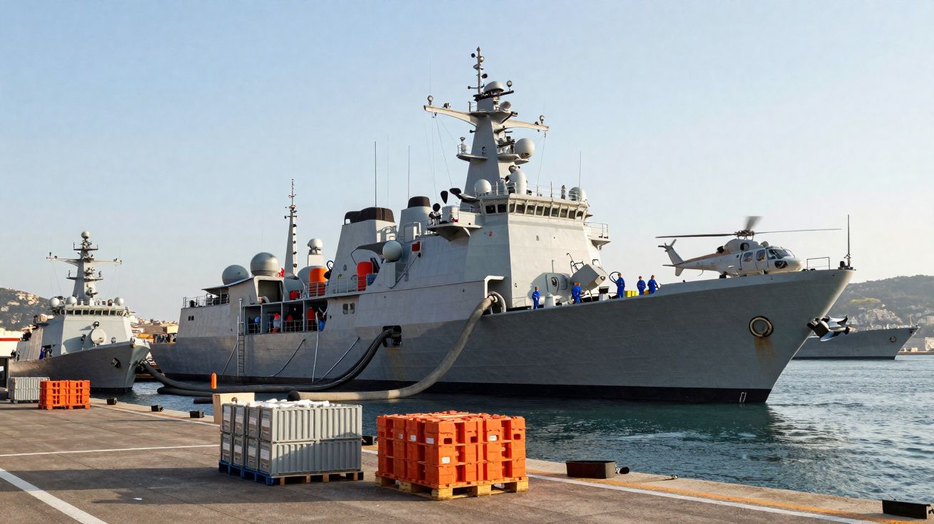 Warships docked at a harbour with crew members on board and a helicopter on the deck of the closest ship.