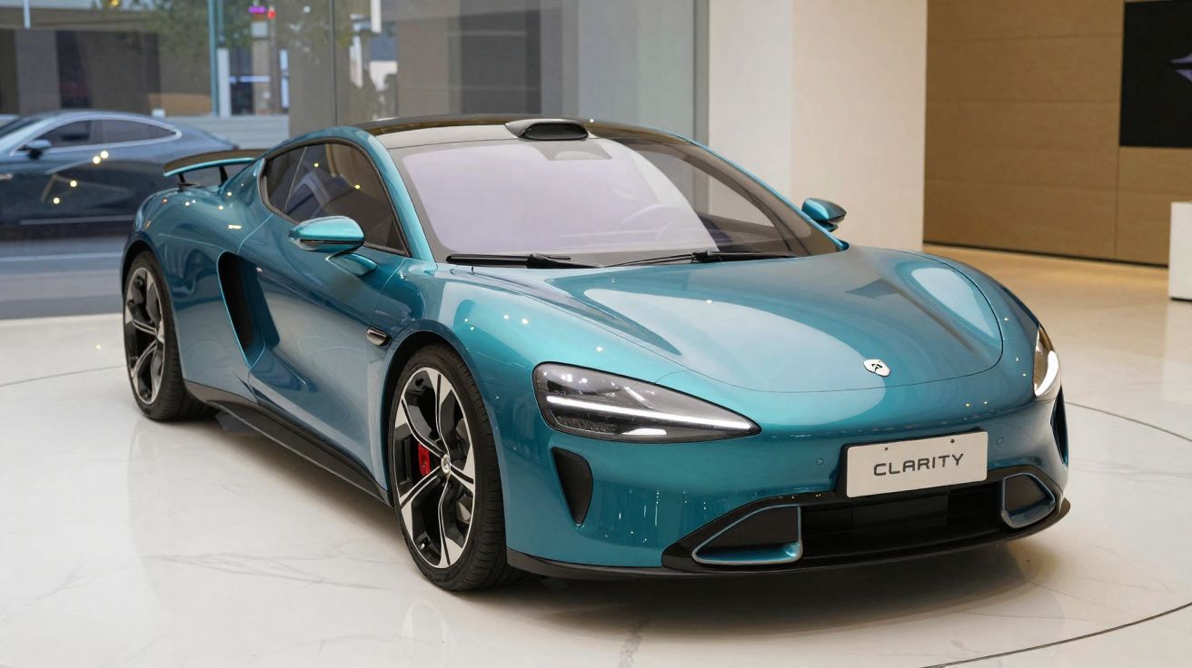 Blue Nio electric sports car Clarity on display in showroom with sleek aerodynamic design and black alloy wheels.