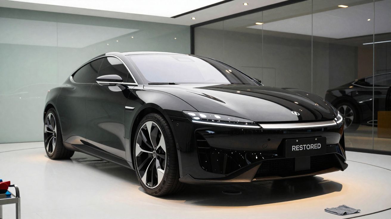 Sleek black electric sports car displayed indoors with reflective floor and glass walls, front side view.