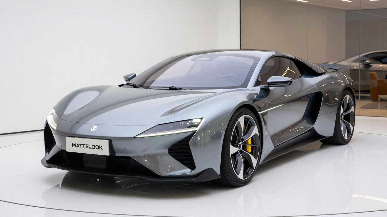 Sleek silver-grey modern sports car displayed in a minimalist showroom with glossy floor reflections.