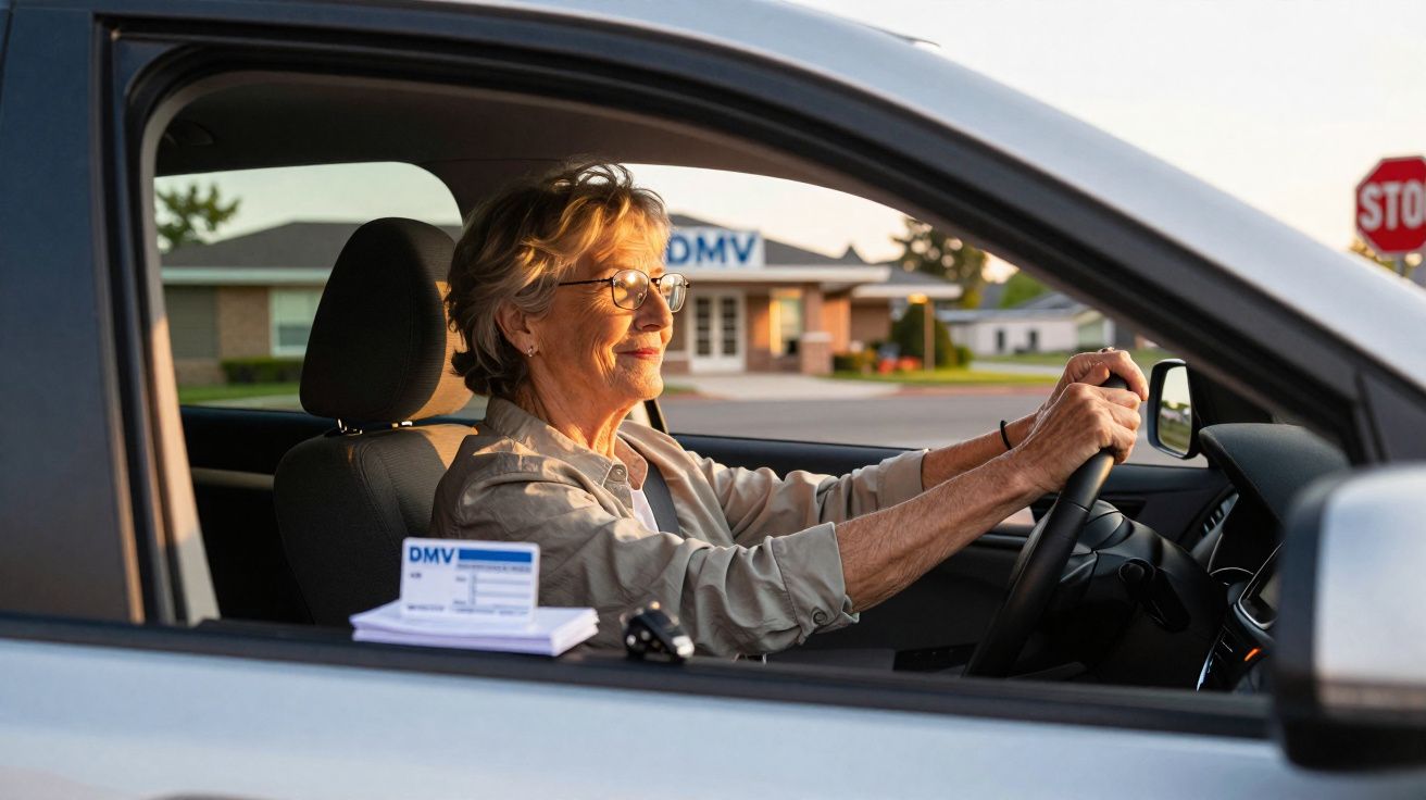 Elderly woman wearing glasses driving a car outside a DMV office at sunset with a stop sign visible.